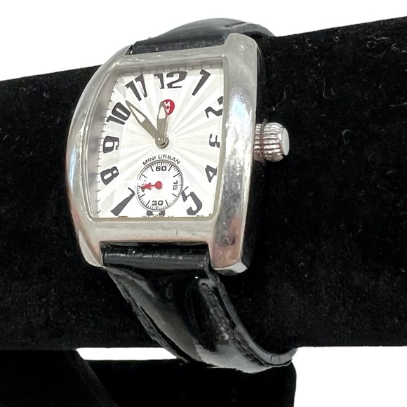 MICHELE MINI URBAN STAINLESS STEEL WATCH WITH BLACK PATENT LEATHER STRAP - Picture 2 of 16